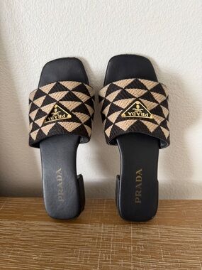 Prada Black & Beige Geometric Slide Sandals with Gold Logo